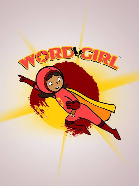 word girl from the hit pbs kids edutainment series word girl. she's a cartoon superhero in a red costume and a yellow cape. 