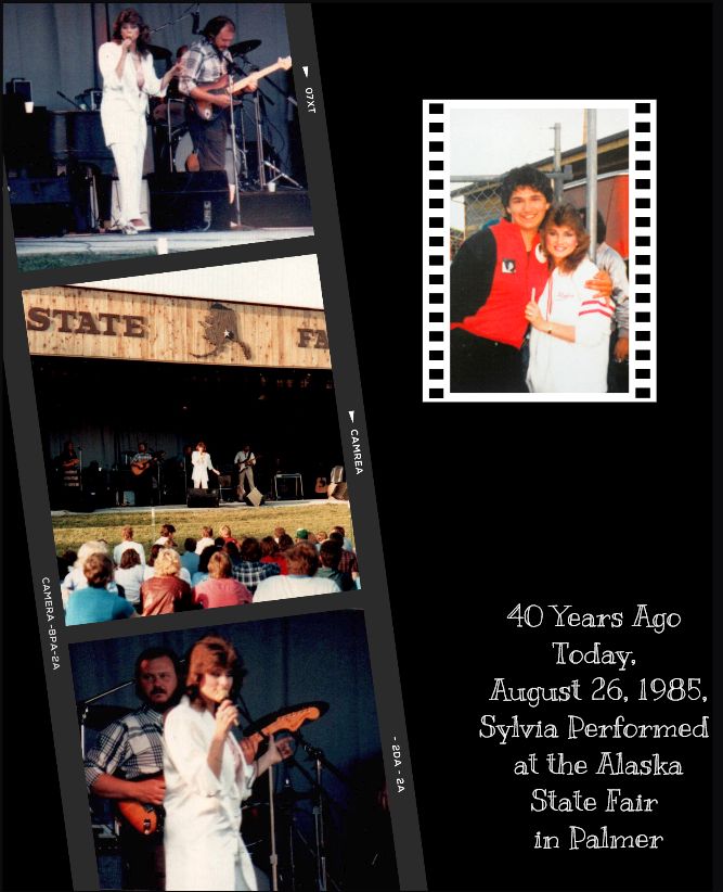 Sylvia singing at the Alaska State Fair in Palmer from 1985. Today, August 26 is the 40-Year Anniversary. This is a collage I created of 3 photos of Sylvia performing on stage, and one photo of she and I (Greg) after her show.