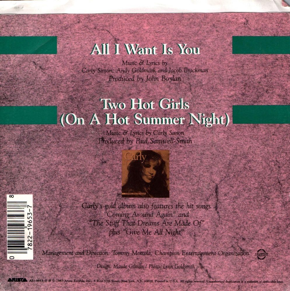 The back cover of "All I Want is You", the 45 RPM single, by Carly Simon from 1987. It includes what is on the B-side, "Two Hot Girls (On a Hot Summer Night)".