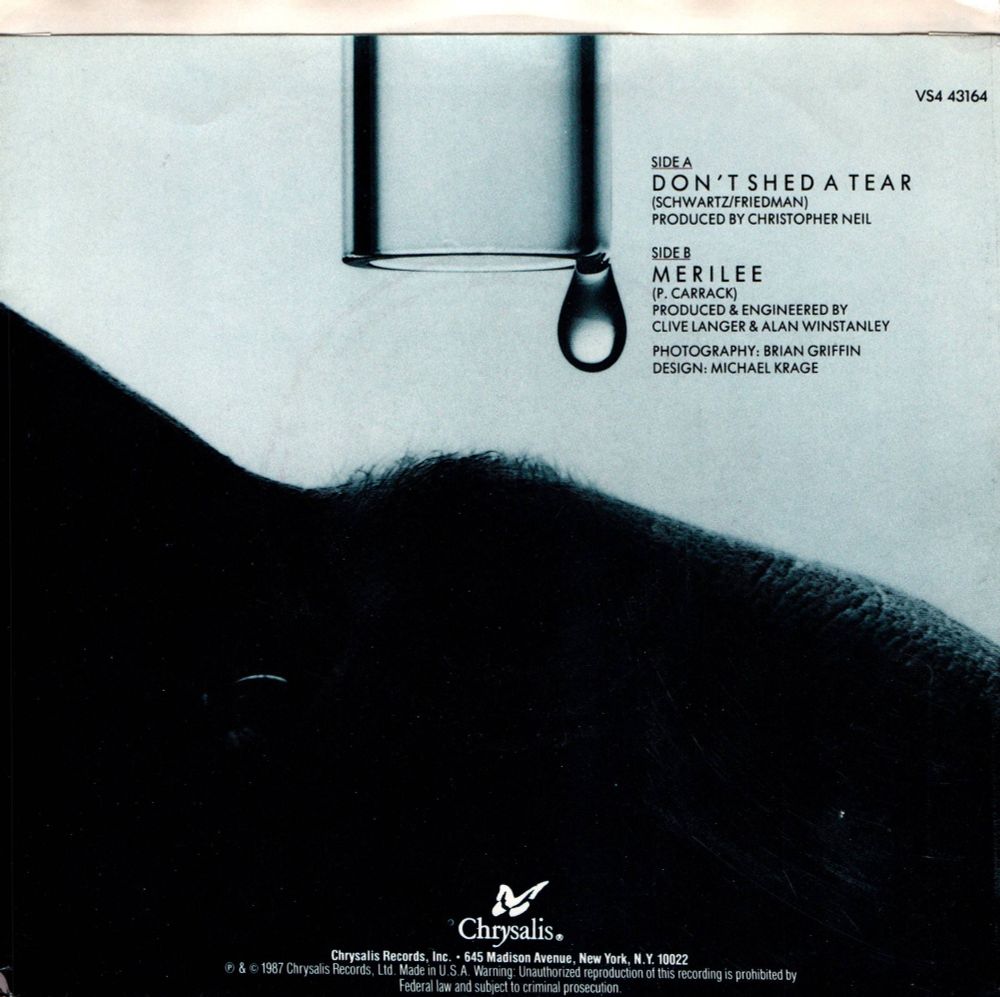 The back cover of "Don't Shed a Tear", by Paul Carrack. It also lists the B-side, "Merilee" on Chrysalis Records from 1987.