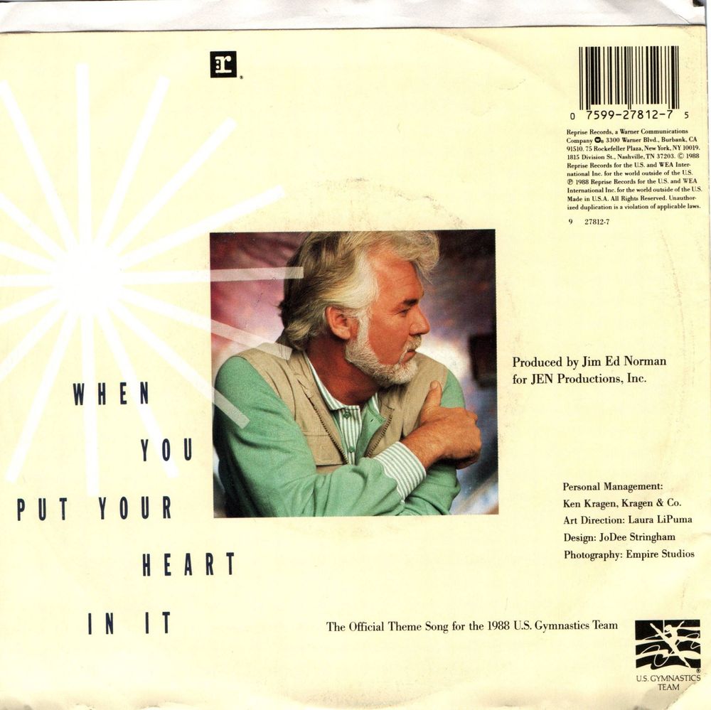 This is the back cover to the Kenny Rogers single, "When You Put Your Heart in It". There's a small picture of Kenny in the center and his head is turned to his left, profile style.