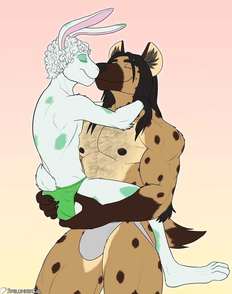 Whiplash (Hyena) and Embargo (Rabbit) are boyfriends. Whiplash, being significantly bigger and muscular, holds Embargo up against him as Embargo wraps his legs around Whiplash's hips. The two share a loving embrace and kiss as boyfriends.