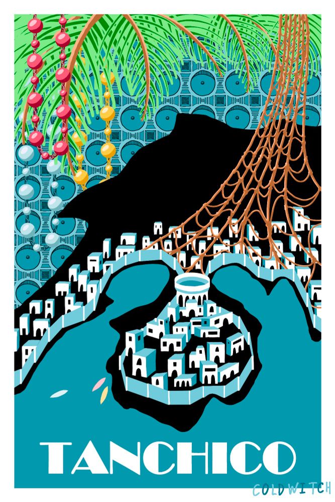 A retro style Tanchico travel poster! the shape of the city in black covered in white and blue Mediterranean style buildings and small boats in the harbor. there are palm fronds at the top and draping mesh and colorful beads overlaid on top.