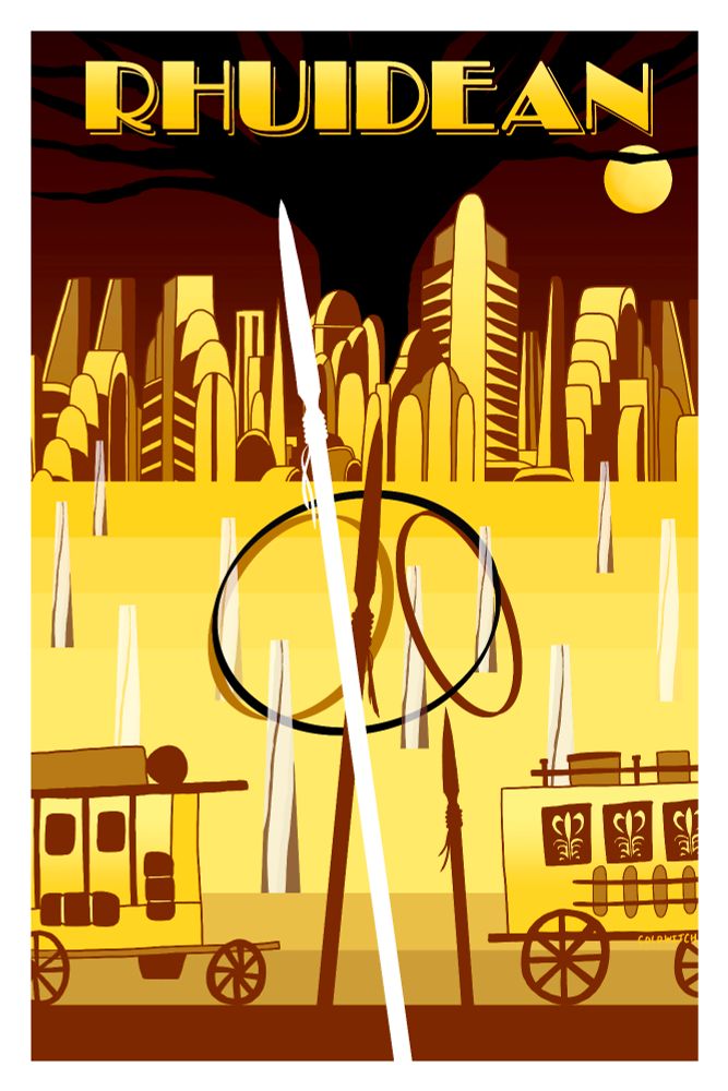 Rhuidean travel poster: the word Rhuidean in yellow at the top over the silhouette of avendesora and a sunset fading into the futuristic city skyline. Below that are stylized rings and glass columns, at the bottom a futuristic aiel wagon enters from the left and a tuatha'an wagon exits on the right.