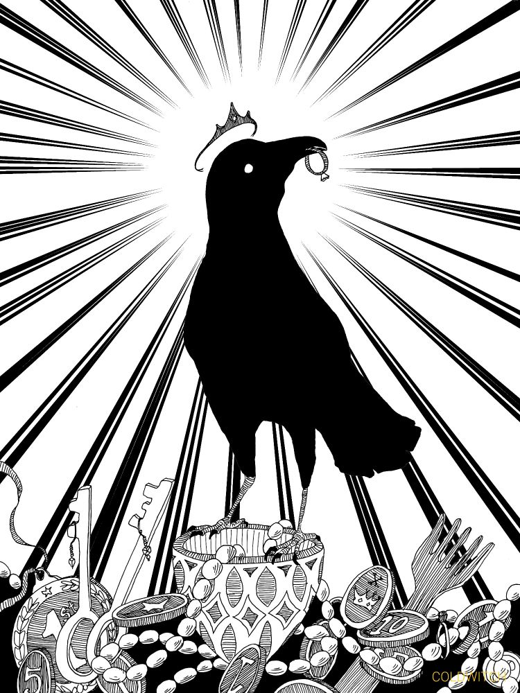 A black and white drawing with the silhouette of a crow perched on a pile of treasures. The crow is wearing a crown and holding a ring in its beak.