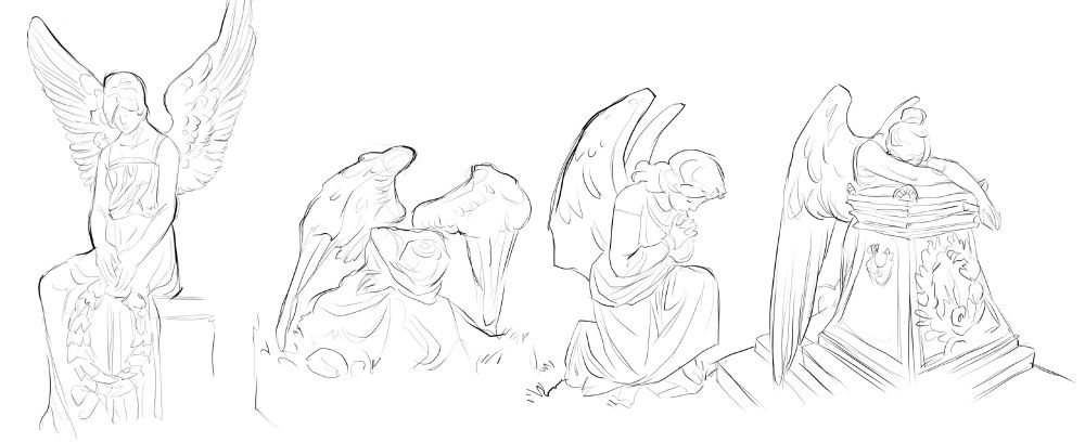 Sketches of statues of angels and not only crying