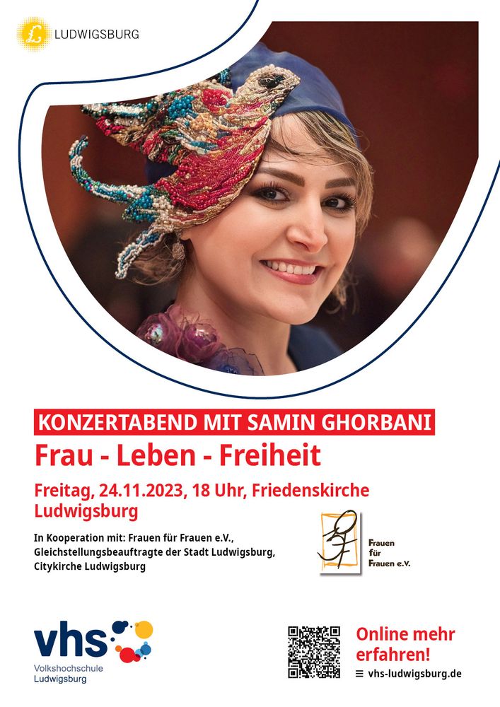 Veranstaltungshinweis mit einem Foto der iranischen Sängerin Samin Ghorbani zum Konzertabend und Diskussion unter dem Motto "Frau-Leben-Freiheit" in Luwigsburg, Citykirche, 18 Uhr.