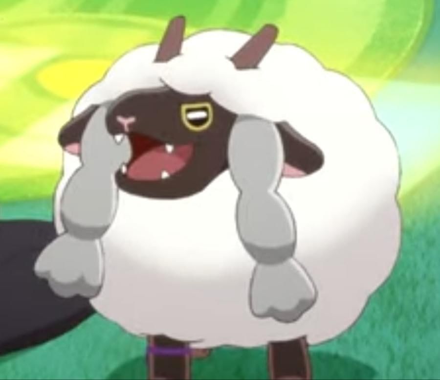 a wooloo grinning with their fangs out
