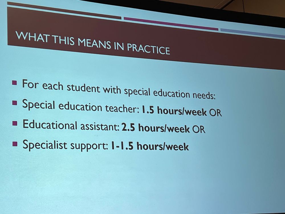 For each student with special education needs/ spec Ed teacher 1.5 hours per week OR educational assistant 2.5 hours per week OR specialist supper 1-1.5 hours per week