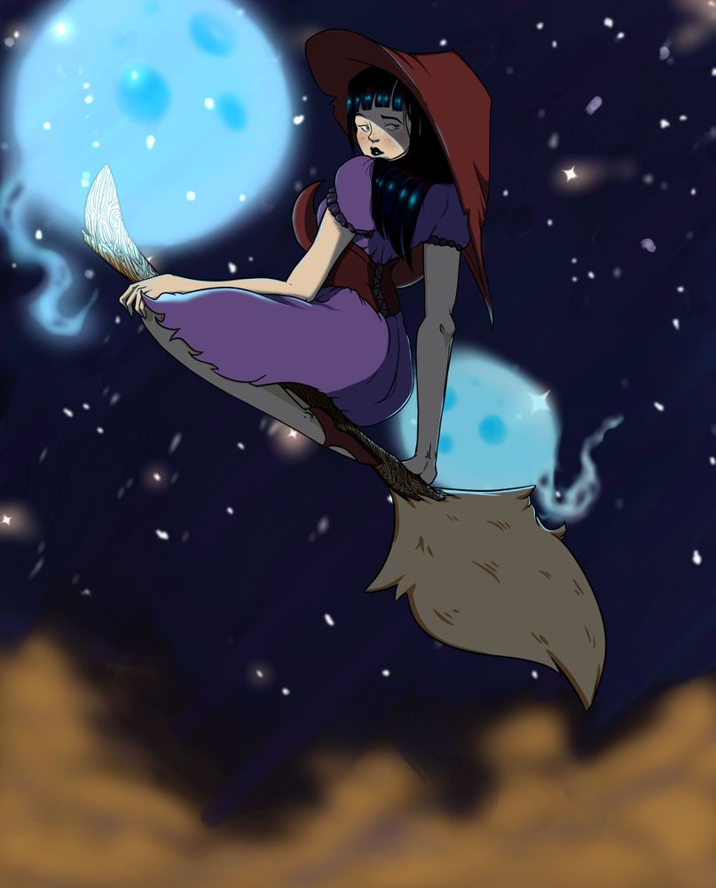 Digital painting of a witch riding a broom above the clouds, in the cover of a starry night sky, surrounded by two round spirits.
