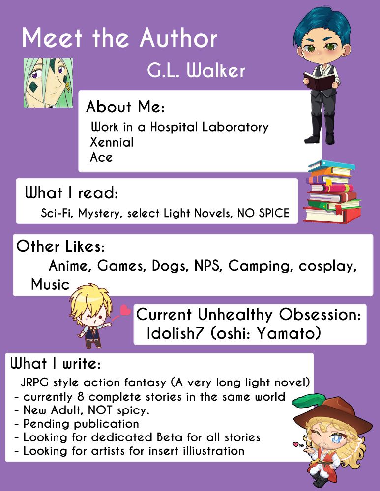 Meet the Author: GL Walker
About me: Work in a Hospital Laboratory, Xennial, Ace
What I read: Sci-Fi, Mystery, select Light Novels, NO SPICE
Other Likes: Anime, games, dogs, NPS, camping, cosplay, music
Current Unhealthy obsession: Idolish7 (Oshi: Yamato)
What I write: JRPG style action fantasy (A very long light novel)
Currently 8 complete stories in the same world, new adult, NOT spicy, pending publication, looking for dedicated beta for all stories, looking for artists for insert illustrations