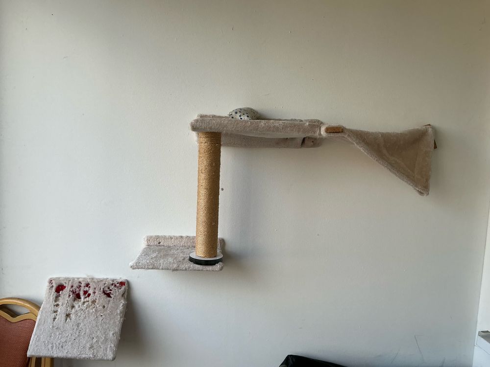 Alte Katzenklettergarnitur an Wand, größtenteils abgebrochen