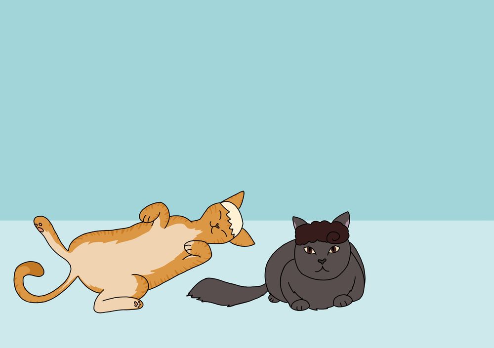 Dan and Phil as cats. Phil is an orange tabby, stretched out on his back with closed eyes, Dan is lying down on this front and looking at the viewer, his fur is dark grey. The background is blue.