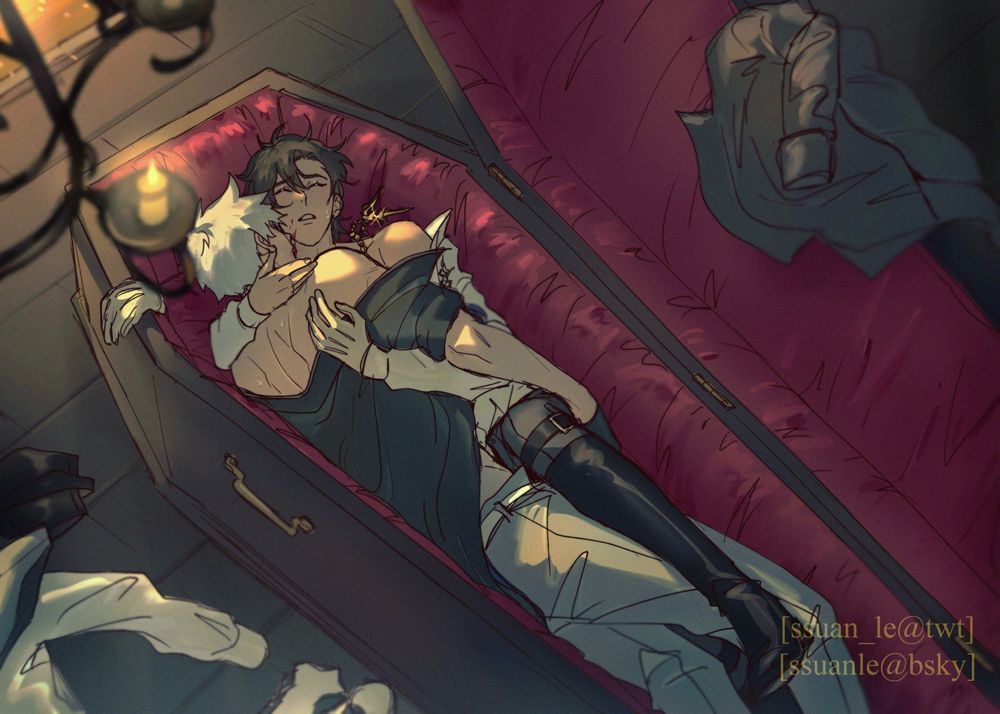 Vampire Lu Guang and Priest ChengXiaoshi are being intimate inside a red velvet coffin, their clothes are half shed and the rest are haphazardly scattered around the floor or hanging over the coffin lid. They're illuminated by the warm light of the chandelier and a fireplace off frame.
