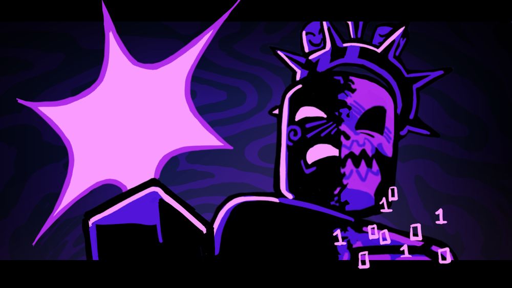 A drawing (made by https://x.com/swoo0zy) of Noli from Roblox Forsaken holding a void-star in his hand while looking menacingly at the camera.

The left of his body is a dark black while the right is a mix of neon and dark-neon purple! There is light shining on the edges of his silhouette with nonbinary code floating around the purple side of his body.

He is also wearing his iconic crown.