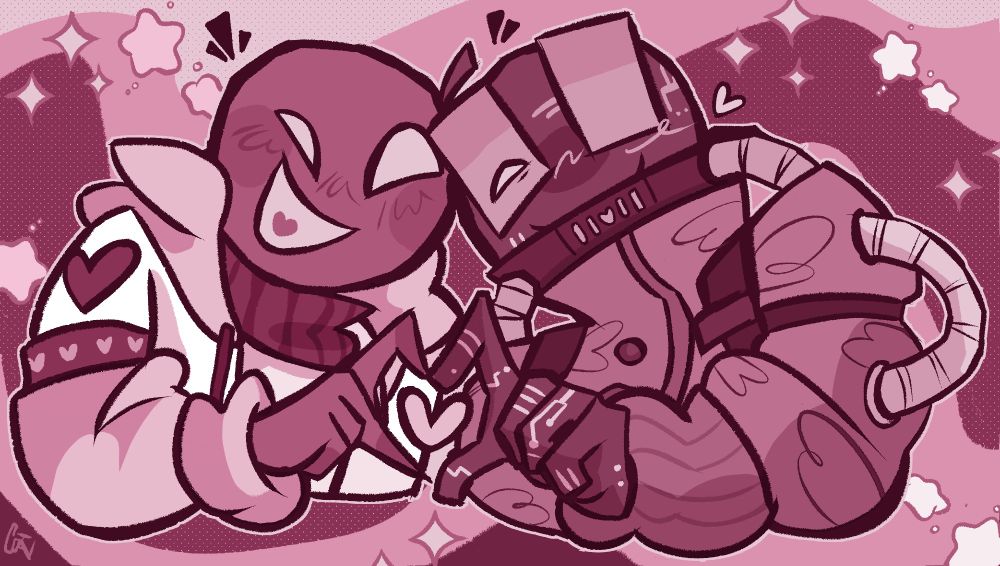 A drawing of Server_Anomaly and it's boyfriend, Firewall_Breach.

It's two bust-up images of Server & Firewall leaning into each other, both respectively making two halves of a heart with their hand and smiling at the camera.

Their respective outfits feature heart accents, as well as hearts, stars, sparkles, and other fun shapes detailing the background. The color pallet of the drawing is in a reddish-pink and maroon, with pink tinted accents.