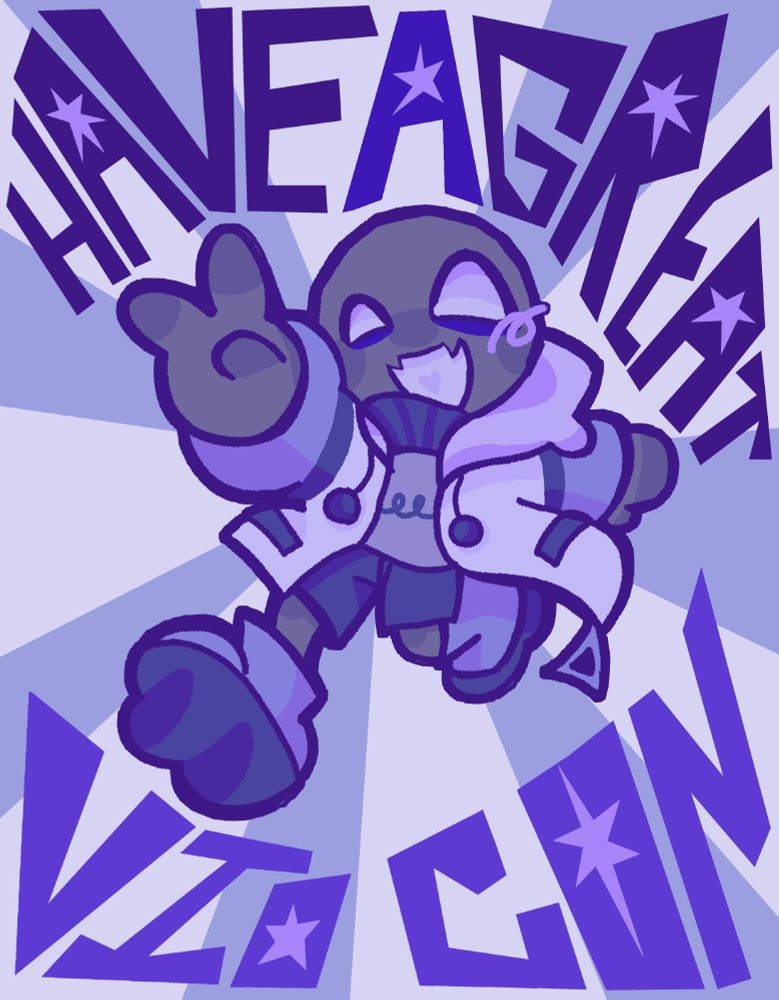 A drawing of Server_Anomaly throwing up a peace sign! :D it is visibly smiling in front of a purple/white background. The drawing says: "HAVE A GREAT VIDCON" in big purple letters