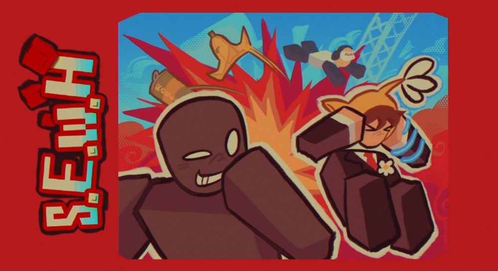 A thumbnail for server_anomaly's video, Something Evil Will Happen
on Roblox

The thumbnail is drawn in a mostly gray/red/blue color pallet.

The background is blue and shows a random player, a banana peel, and a bloxy-cola with a giant explosion behind PikboiLIVE and Server_Anomaly.

PikboiLIVE is shown to be cowering and covering his ears with his hands, with a speed-coil around his left arm.

Server_Anomaly is shown to be smiling/snickering as it watches him.

To the left, the shortened logo of "Something Evil Will Happen" is shown.