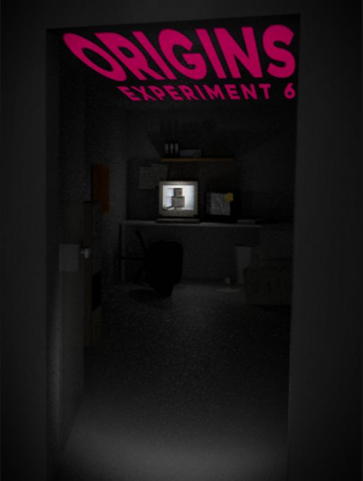A vertical digital render of a long, dimly lit office. At the far end, a desk holds a glowing computer monitor. The office appears abandoned, with furniture scattered as if it hasn't been used in some time. Faint light spills in through an open doorway, and the monitor casts a glow on the desk. On the screen, there's a blurry, glitched image resembling server_anomaly's Minecraft skin. At the top of the image, a hot magenta logo reads 'ORIGINS EXPERIMENT 6.' The overall look is grainy and dark, adding to the eerie atmosphere.