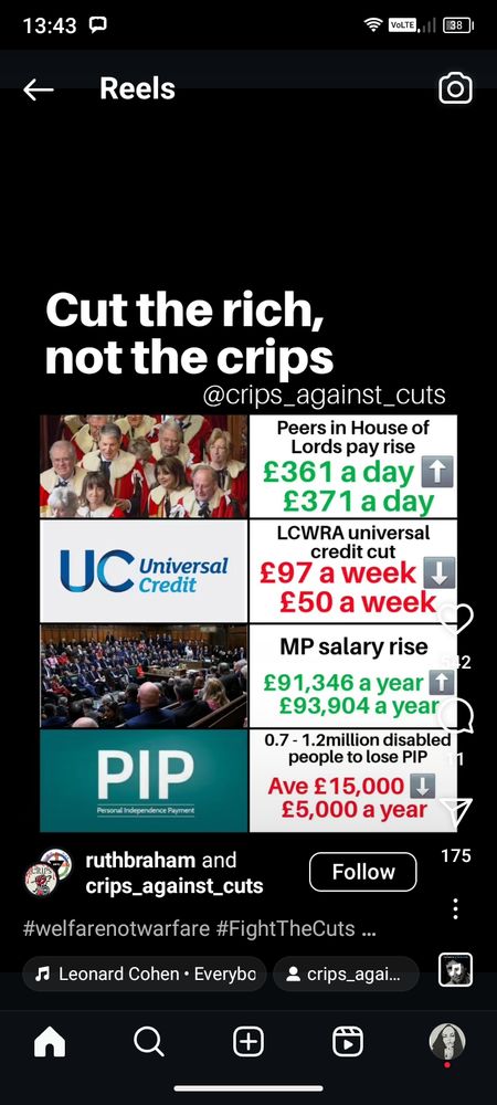 Black background, title written in white cut the rich not the crips. 
First image on left - men and women dressed in red and white for the house of lords. In a box on the right  in green figures £361 arrow pointing upwards in green again £371 a day.
Next box on the left Universal Credit logo in black. On the right of this box LCWRA universal credit cut in red £97 per week arrow pointing down to £50 per week again in red.
Next box on the left images of MPs sitting in the House of Commons. Box on right in black MP wage increase (numbers in green)disabled  £91346 arrow point upwards £93904.
Fourth box on left PIP logo box on right in black 0.7 - 1.2 million disabled people to lose PIP then in red average £15000 arrow point downwards to £5000 per year.
