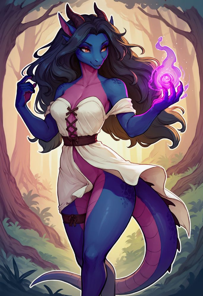 AI generated furry art of an anthropomorphic female dragon wielding magic in a forest