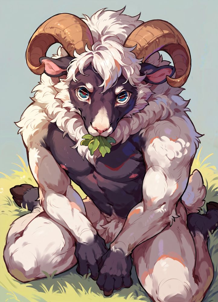 AI generated furry art of an anthropomorphic male sheep chewing grass