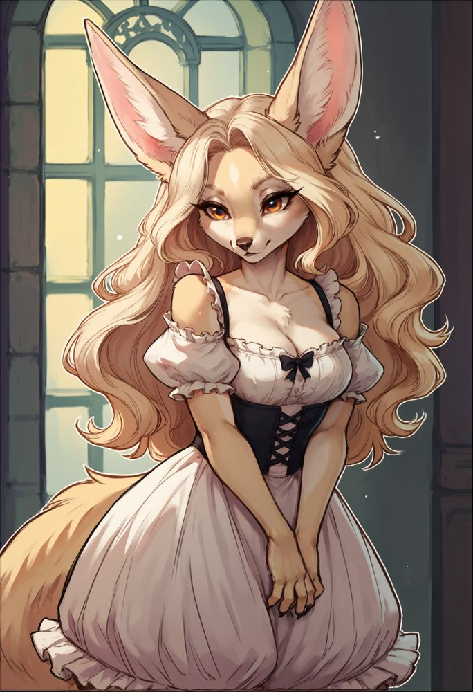 AI generated furry art of an anthropomorphic female fennec in a medieval/fantasy styled dress