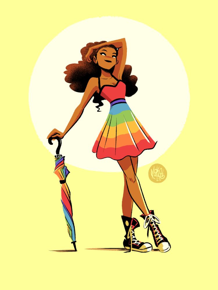 Drawing of a girl in a rainbow patterned sundress and black chucks leaning on a rainbow umbrella just giving off some summery pride month vibes.