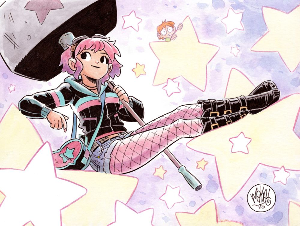 Watercolor drawing of Ramona Flowers having a precious time hanging out on some random stars in a subspace highway. Scott Pilgrim is there too, though having a, erm... less than precious time. Here's hoping things take off for him!