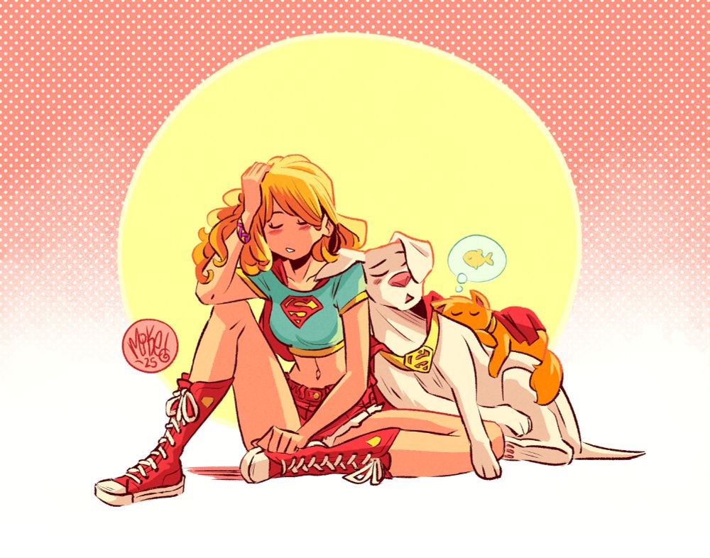 Fan art drawing of Supergirl, Krypto and Streaky all piled together and taking a nap. Superheroing can be hard work! Sometimes a little restful refresh is the best way to keep your future self at peak readiness for saving the day (and acts of kindness). ❤️