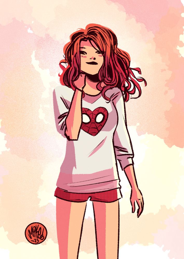 Quick sketch of Mary Jane wearing a heart-shaped Spider-Man sweatshirt. Looks like she just woke up! Gotta love summer vacation.