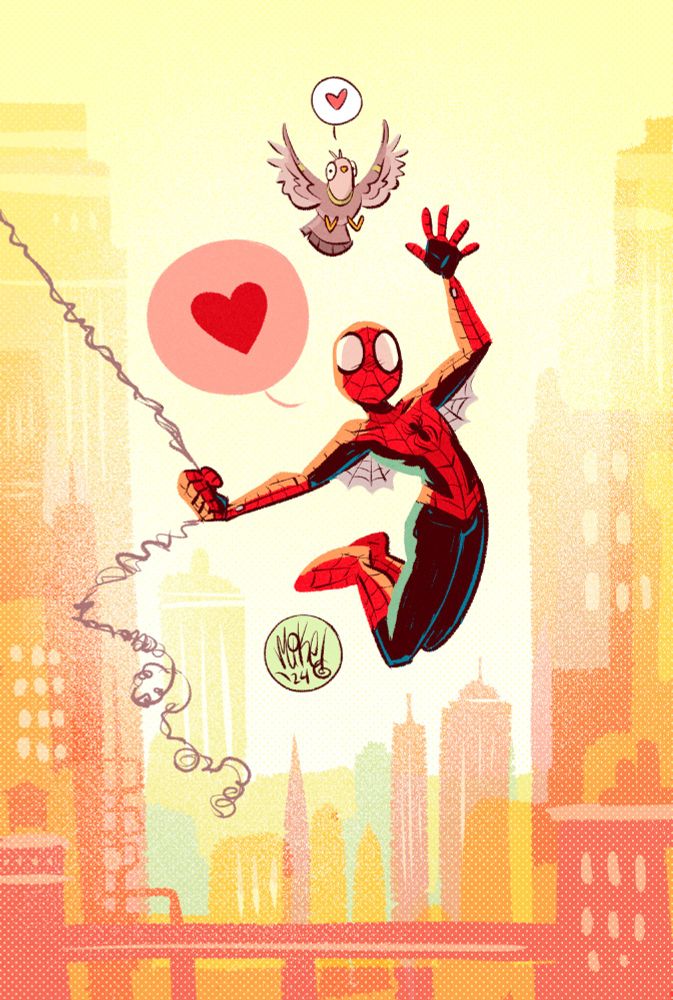 Drawing of everyone's friendly neighborhood (and often noted as spectacular) Spider-Man! Plus his equally friendly and neighborly pigeon pal Mark. They're both slinging over the city, pausing only briefly in front of your window to say, "Hi! You're amazing."