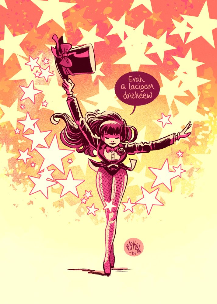 Fan art drawing of Zatanna, taking a bow after finishing another enchanting performance. She's casting a spell on you: "Evah a lacigam dnekeew." Which I believe translates to "Have a magical weekend!"