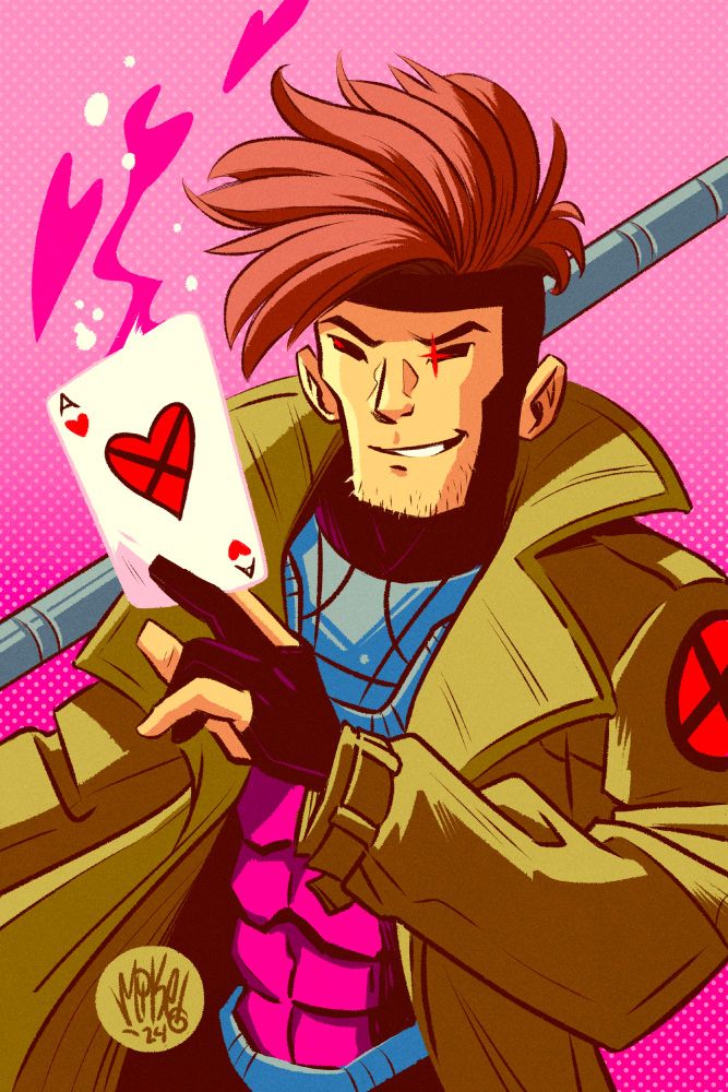 Gambit from the X-Men showing an ace of hearts (A♥). It's kinetically charging, so will likely explode soon. But with LOVE.