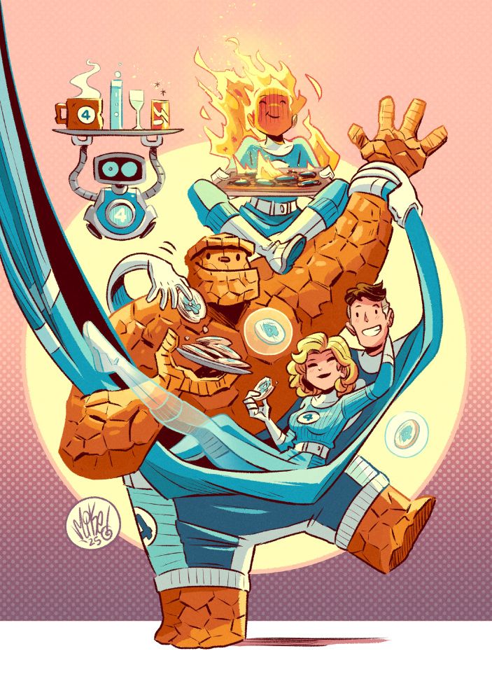 Fan art of THE FANTASTIC FOUR! Johnny Storm (aka THE HUMAN TORCH) has baked--scratch that--burnt some cookies. His sister Sue (aka THE INVISIBLE WOMAN) is enjoying one while lounging on her husband Reed Richards (aka MR FANTASTIC) who has stretched himself into a hammock that Ben Grimm (aka THE EVER-LOVING BLUE-EYED THING) is helping to hold up while greeting us with a welcoming rock-handed, "Hi!" Meanwhile H.E.R.B.I.E. has a selection of corresponding beverages for each of Marvel's fantastic (and clearly wackiest) first family.