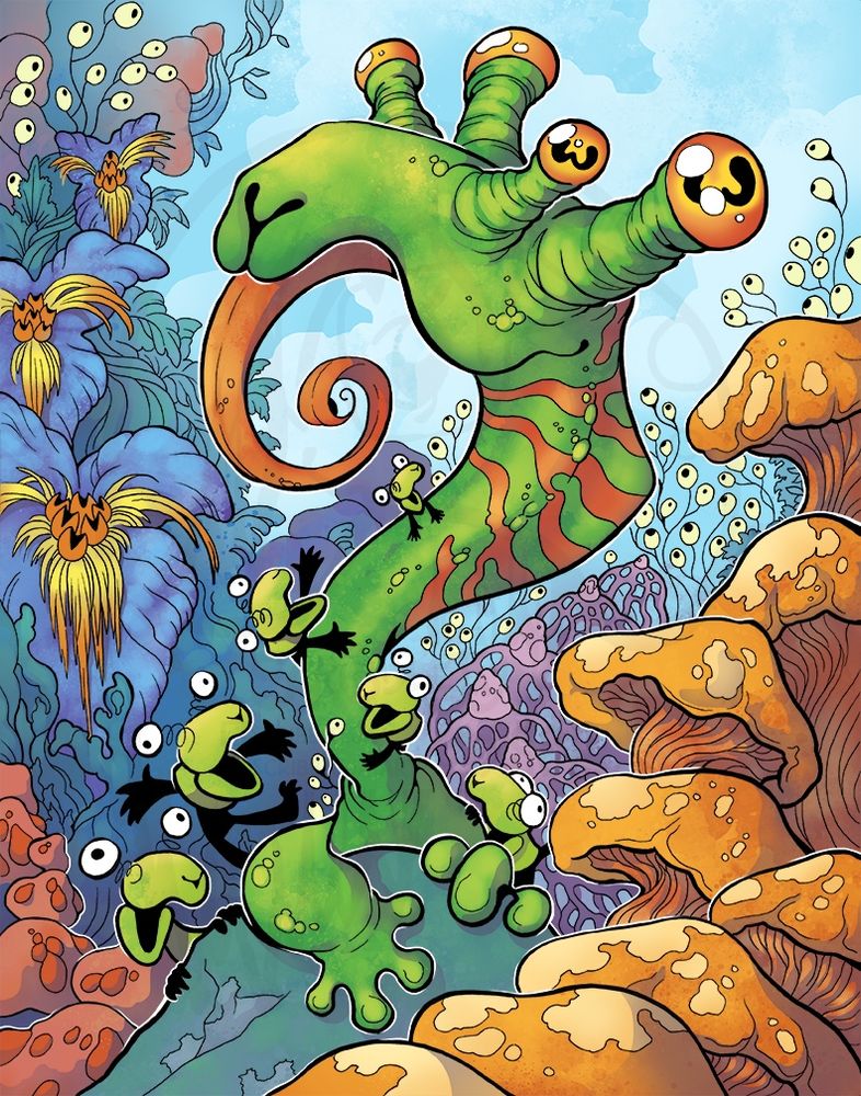 An illustration of a monstrous lizard-like creature with a goofy face, surrounded by strange fungi and flora — as well as its googly-eyed worshippers.