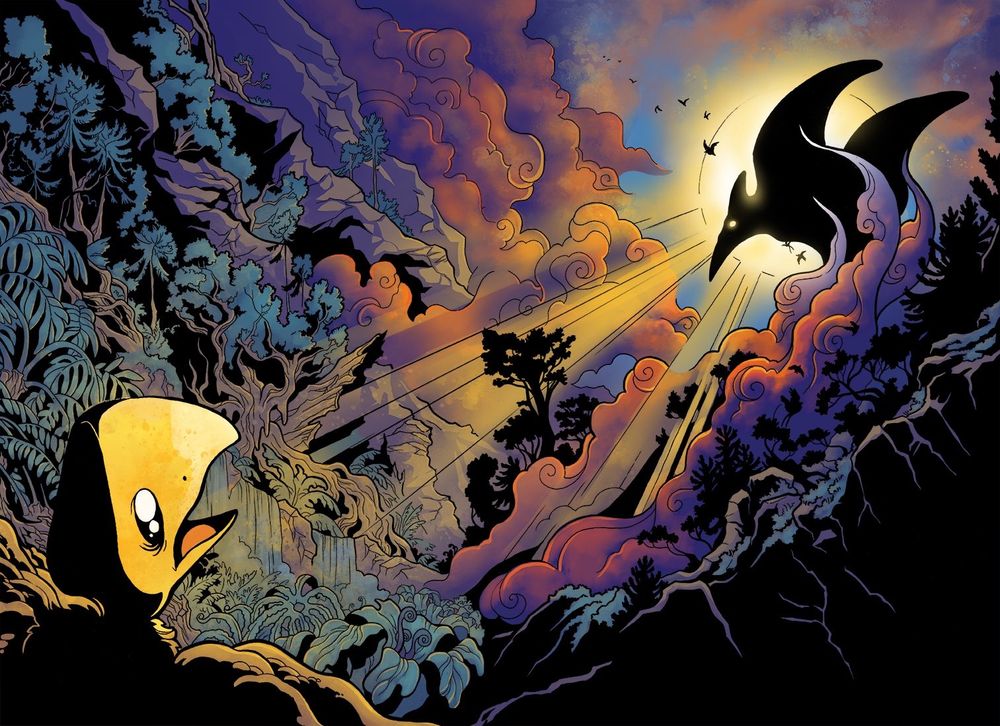 A panel from my comic, in which a baby pterosaur hatches and sees a god-like being framed against the sunset.