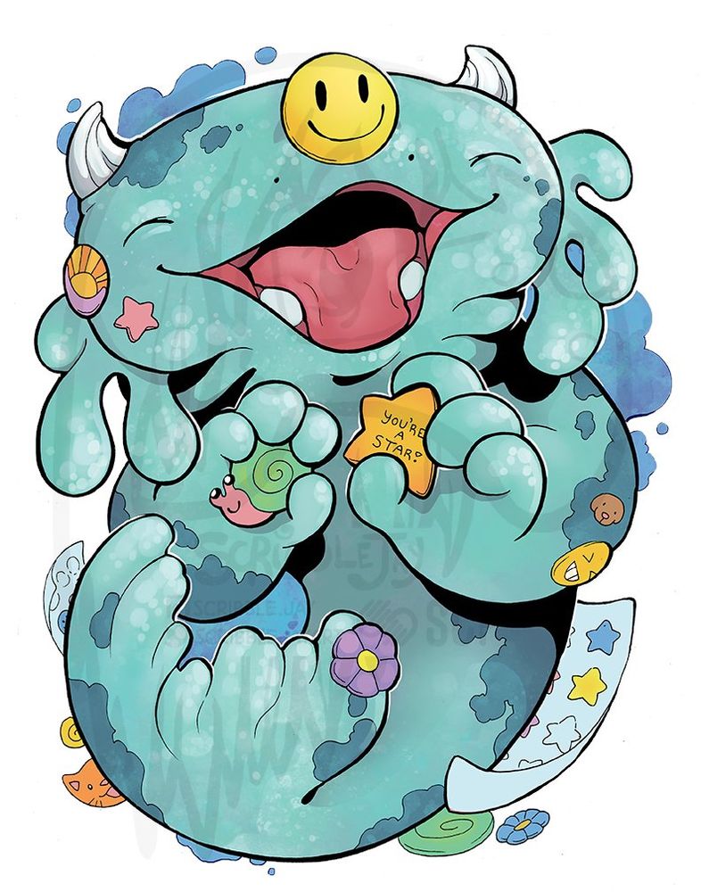 An illustration of an axolotl/seal monster holding stickers.