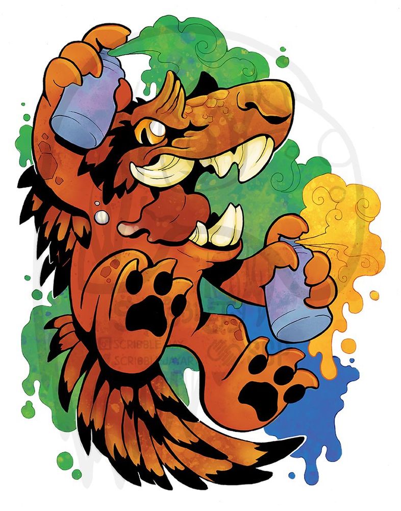 Spray-painting monster illustration — pen and ink with digital colours.