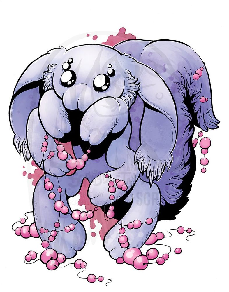 An illustration of a tarantula/bunny/squirrel monster holding beaded necklaces.