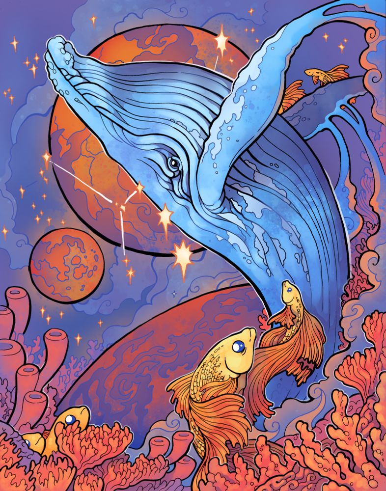 An illustration of a whale flying through space, surrounded by fish and corals.