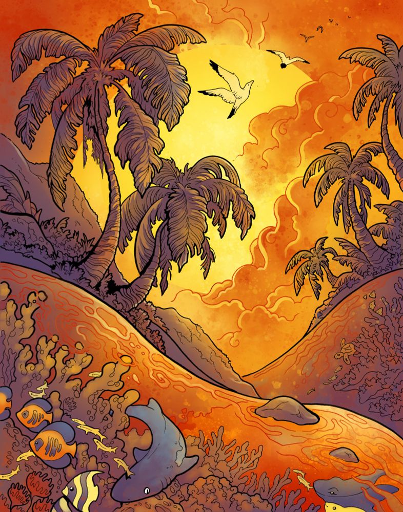An illustration of a sunset tropical paradise with distorted rolling waves.