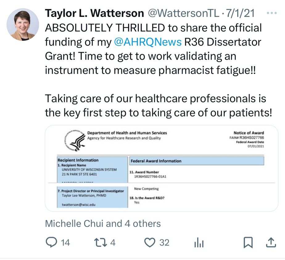 Screenshot of a Twitter post from 2021 “ABSOLUTELY THRILLED to share the official funding of my AHRQ R36 Dissertator Grant!