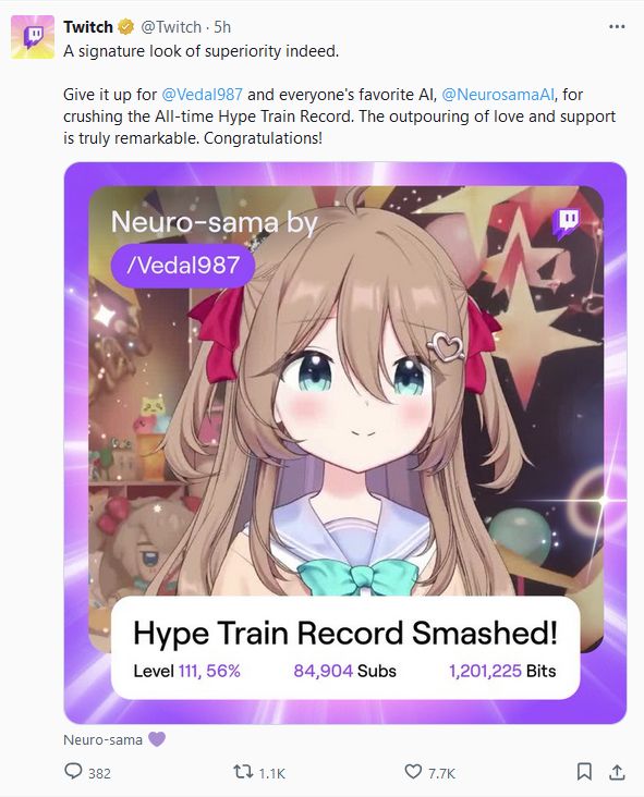 Tweet from Twitch: "A signature look of superiority indeed. Give it up for @Vedal987 and everyone's favorite AI, @NeurosamaAI , for crushing the All-time Hype Train Record. The outpouring of love and support is truly remarkable. Congratulations!" Hype train record smashed! Level 111, 56%. 84,904 subs. 1,201,225 bits.