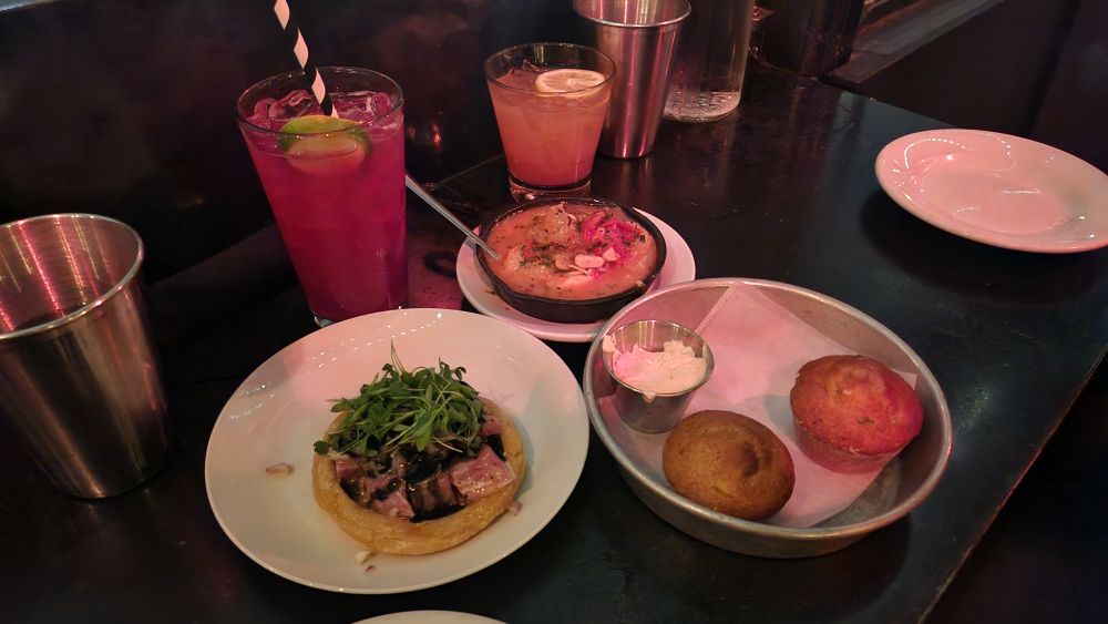Pomegranate ginger thyme mocktail, peach peppercorn tea with gin, shrimp and grits, ahi shoyu sope, jalapeño cornbread