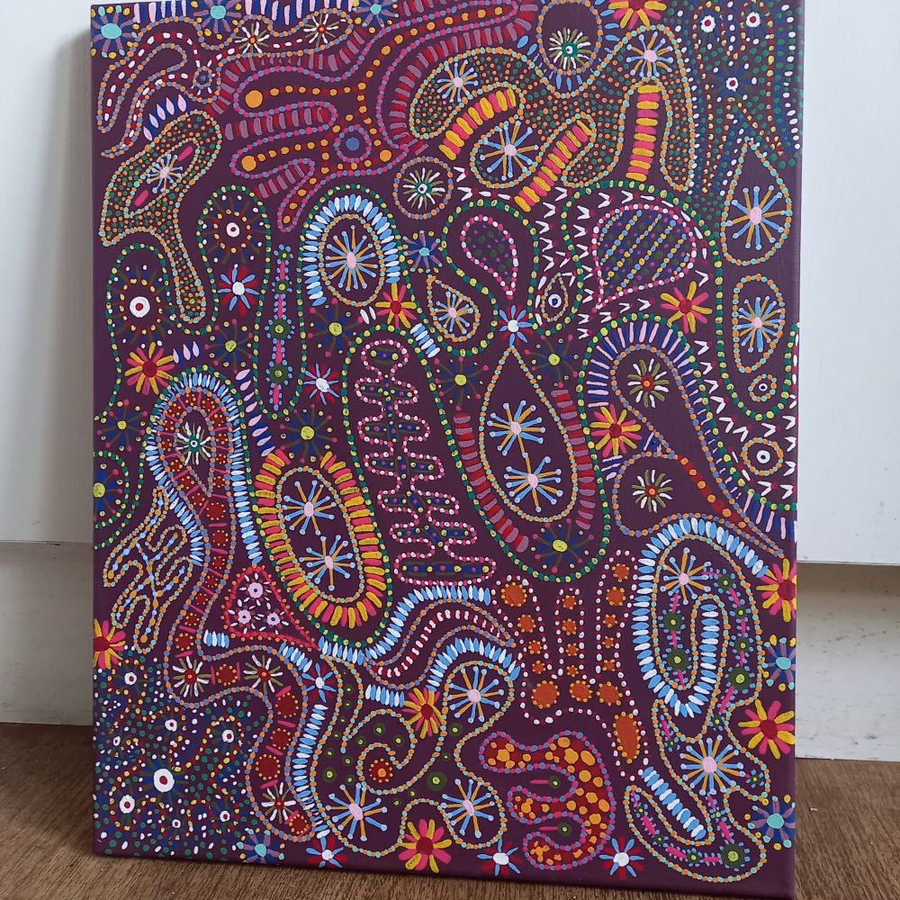 Multi coloured doodles painted on canvas. All sorts of shapes, dots, lines and shapes.