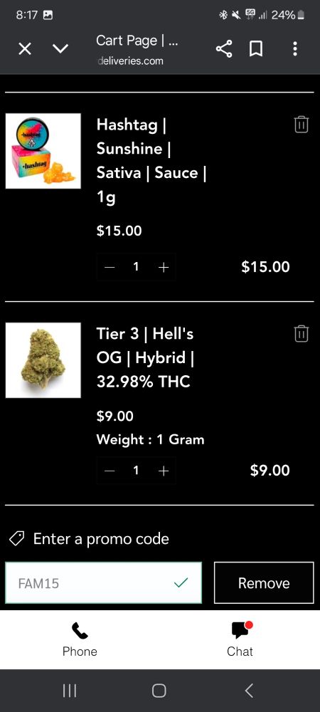 Screenshot of dispensary order with 1g of flower and wax for $9/$15 respectively. 