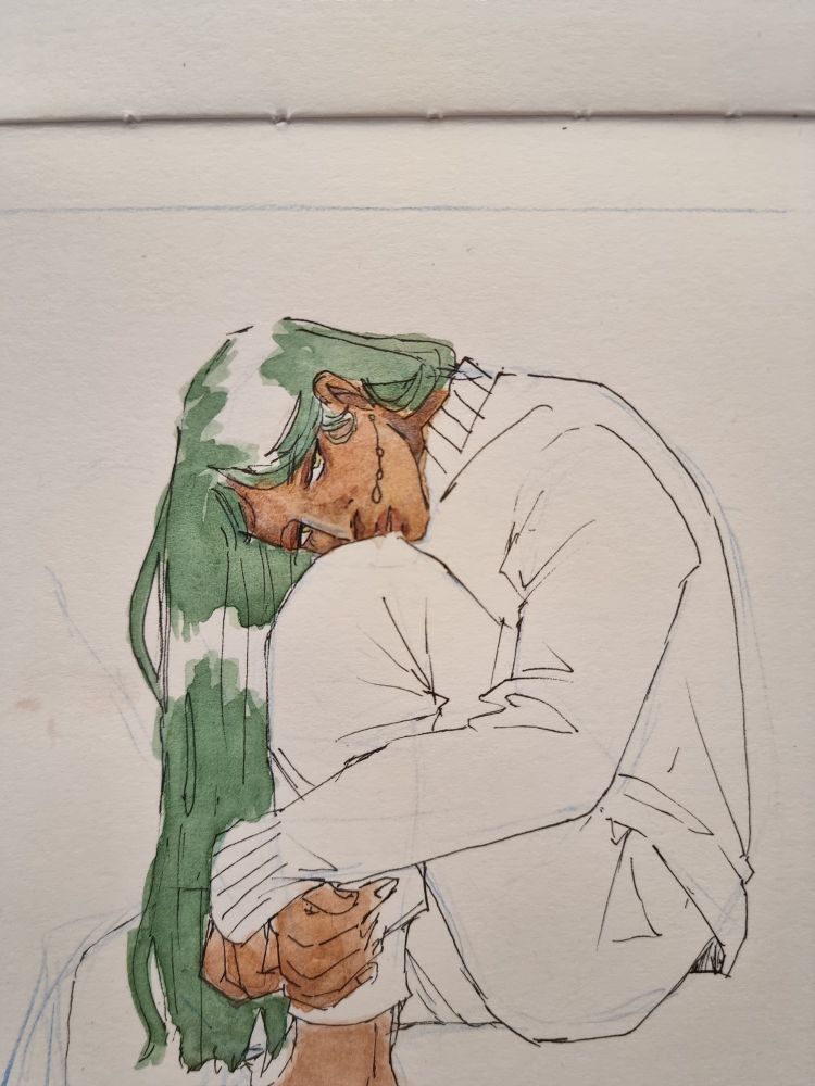 this is my oc, he has no name. he has green hair and is holding a knee up to his chest, looking into the camera