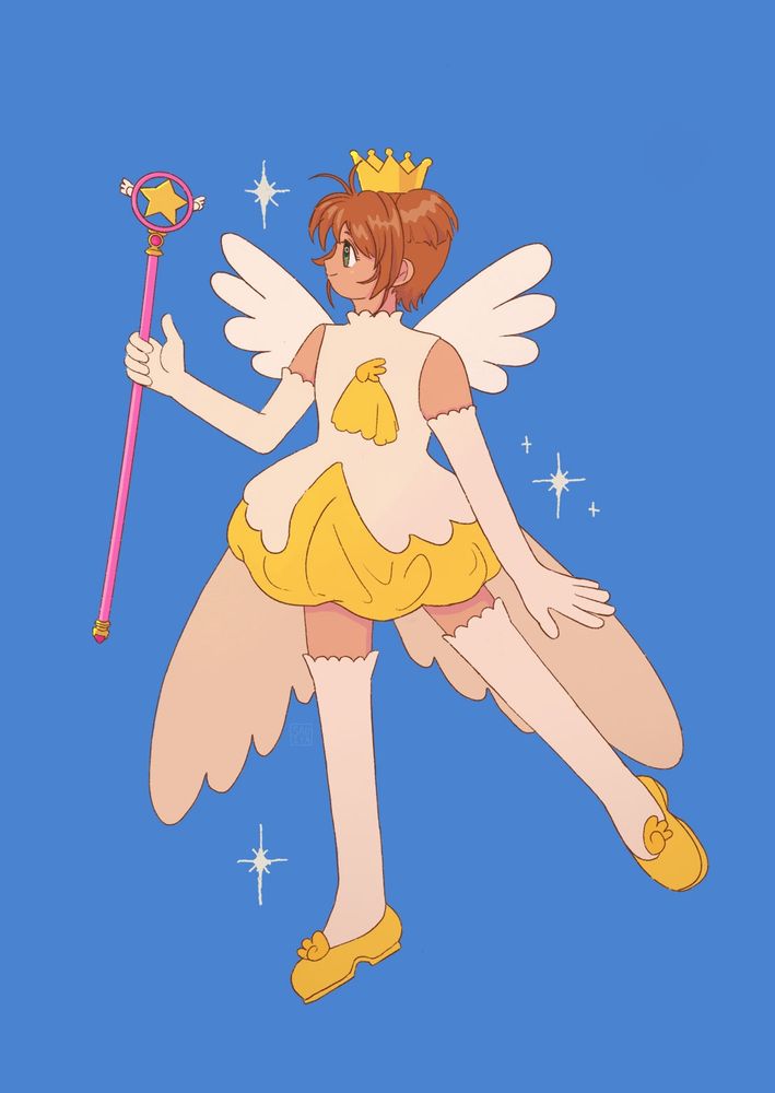 Cardcaptor Sakura wearing her second opening outfit. Her ensemble consists of: a pair off white wings, an off white white dress sleeveless with yellow balloon shorts, a yellow crown, off white long sleeved gloves, over the knee socks and yellow shoes. She holds the Sealing Wand in the Star Form. She stands on one foot and looks to her right.
