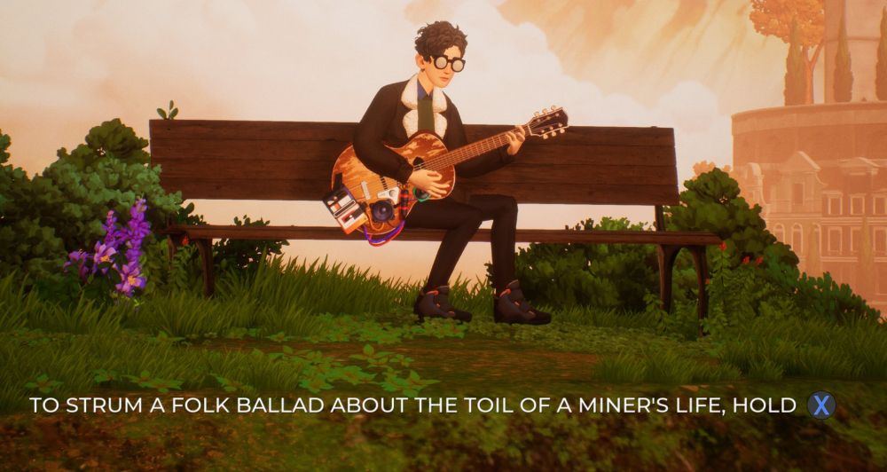 Screenshot from The Artful Escape. A man with a guitar sits on a bench in the park. The screen prompt says "to strum a folk ballad about the toil of a miner's life, hold X".
